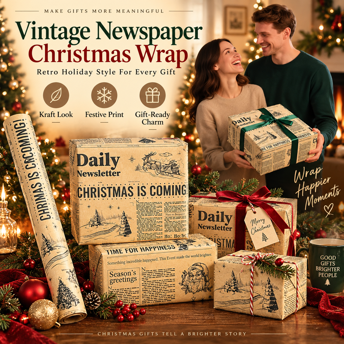 Vintage Christmas Newspaper Wrapping Paper – Retro Kraft Holiday Gift Wrap Roll