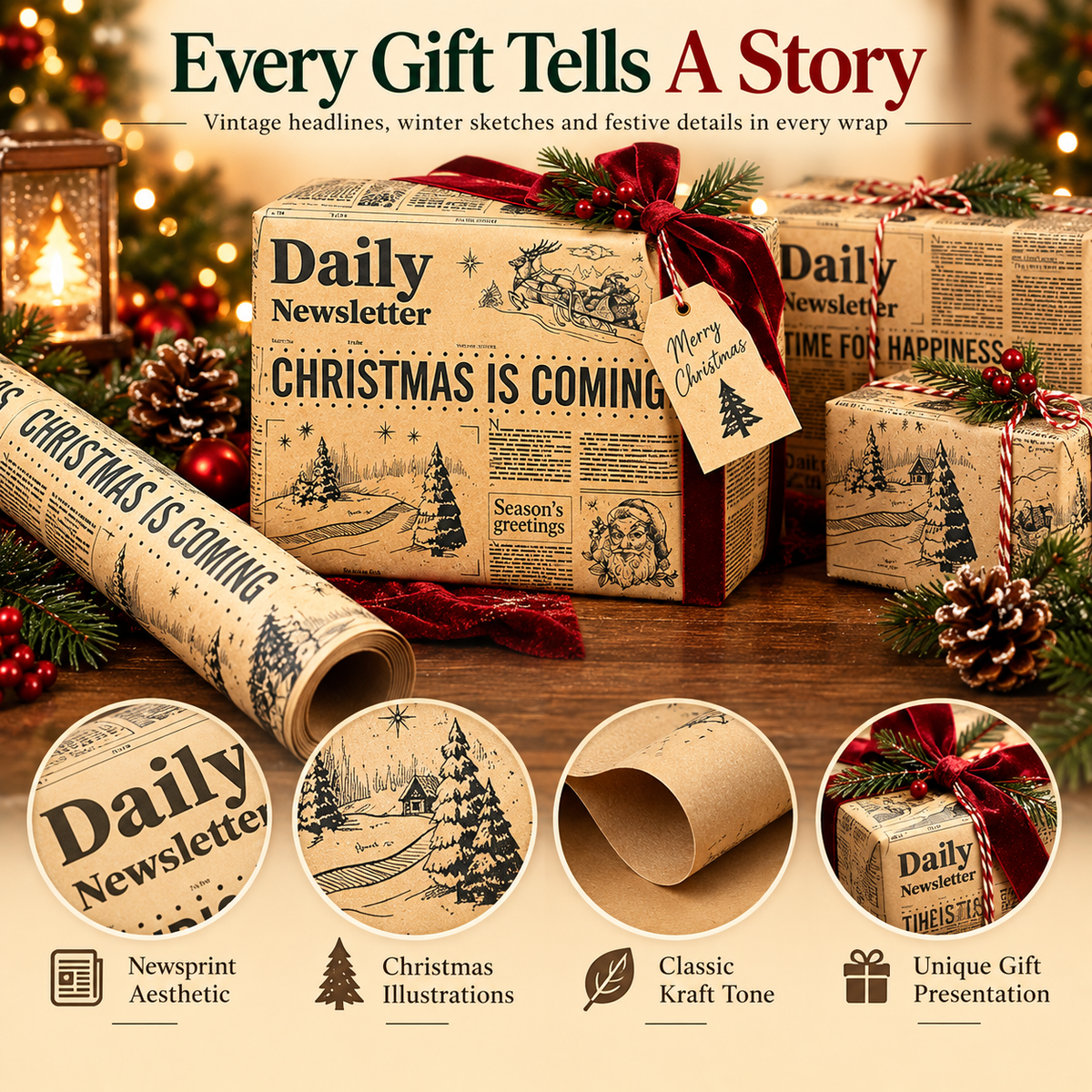 Vintage Christmas Newspaper Wrapping Paper – Retro Kraft Holiday Gift Wrap Roll