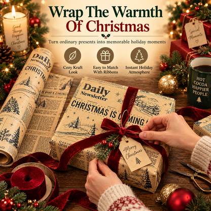 Vintage Christmas Newspaper Wrapping Paper – Retro Kraft Holiday Gift Wrap Roll