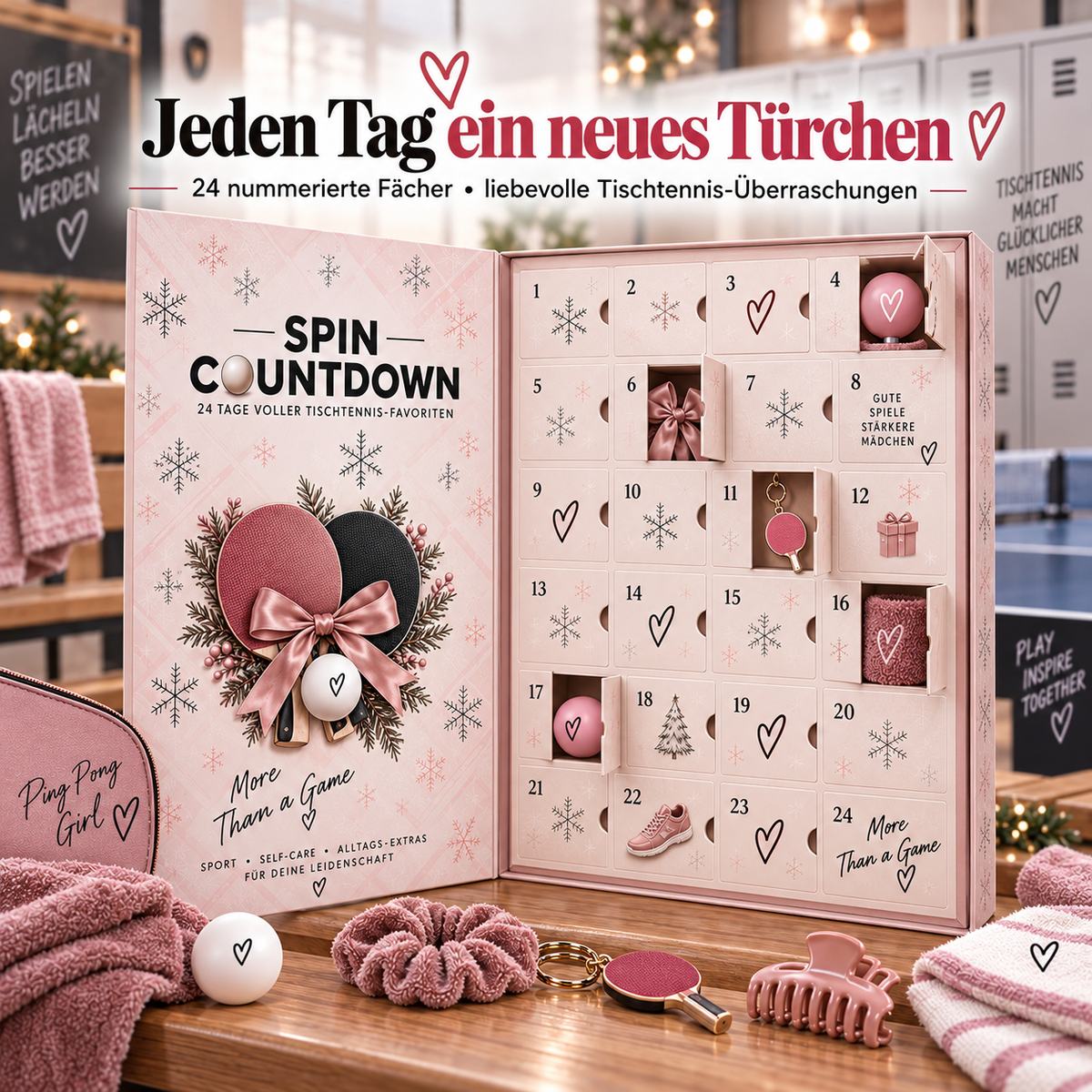 24 nummerierte Türen Tischtennis Adventskalender