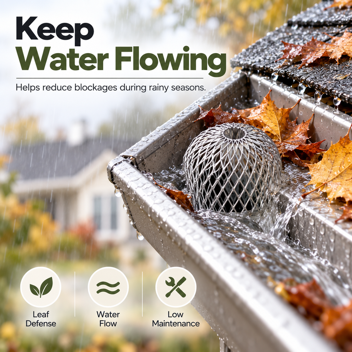 Gutter downspout guard in rain