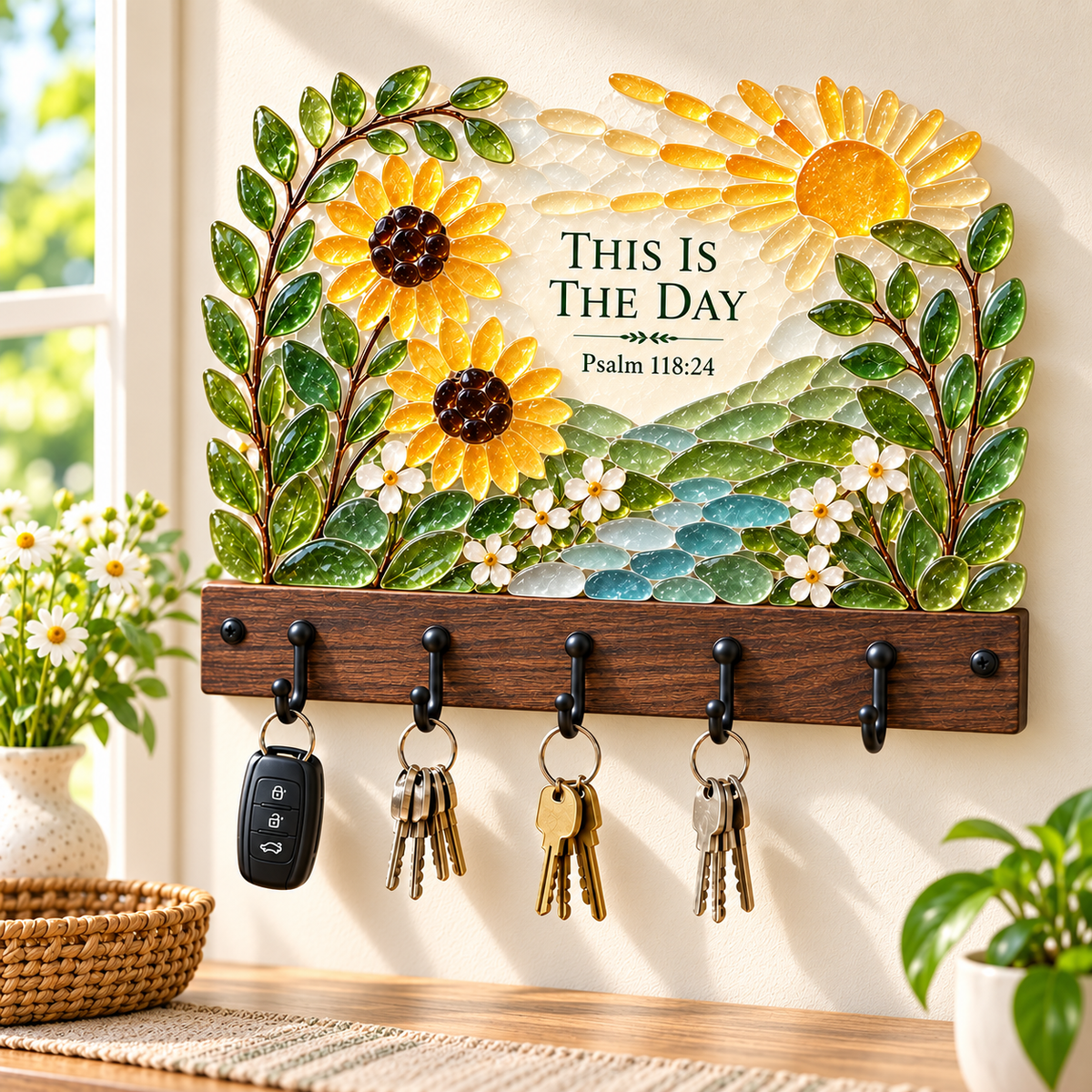 🌿 Faith-Inspired Sea Glass Wall Key Holder – Scripture Art with 5 Hooks 🔑