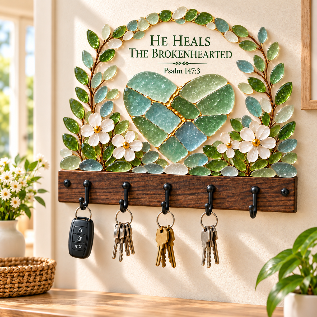 🌿 Faith-Inspired Sea Glass Wall Key Holder – Scripture Art with 5 Hooks 🔑