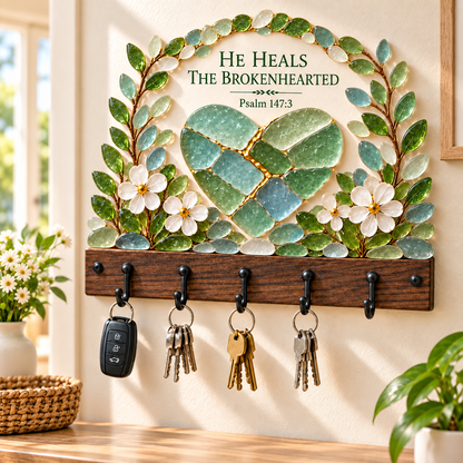 🌿 Faith-Inspired Sea Glass Wall Key Holder – Scripture Art with 5 Hooks 🔑