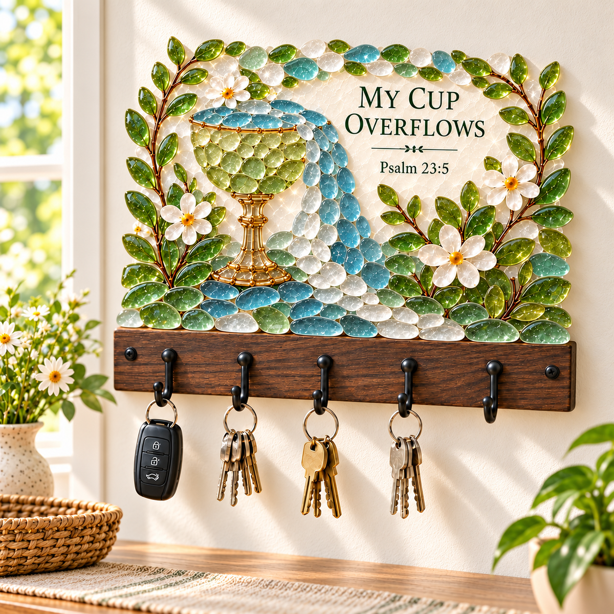 🌿 Faith-Inspired Sea Glass Wall Key Holder – Scripture Art with 5 Hooks 🔑