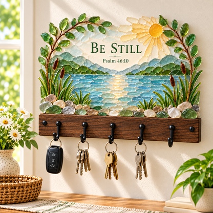 🌿 Faith-Inspired Sea Glass Wall Key Holder – Scripture Art with 5 Hooks 🔑