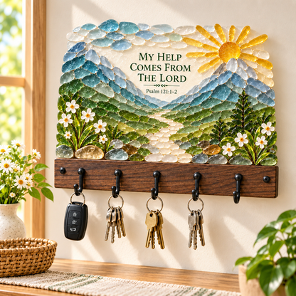 🌿 Faith-Inspired Sea Glass Wall Key Holder – Scripture Art with 5 Hooks 🔑