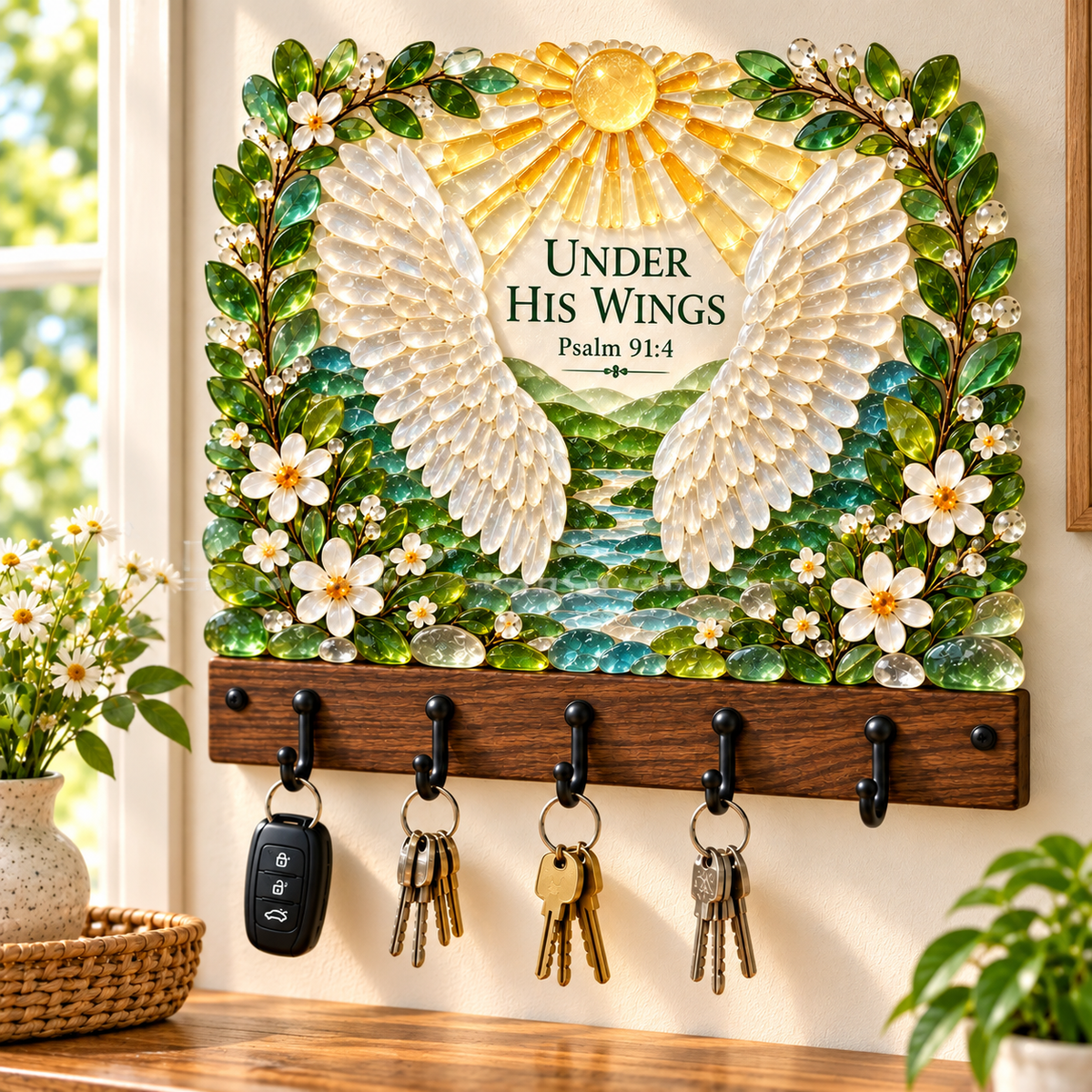 🌿 Faith-Inspired Sea Glass Wall Key Holder – Scripture Art with 5 Hooks 🔑