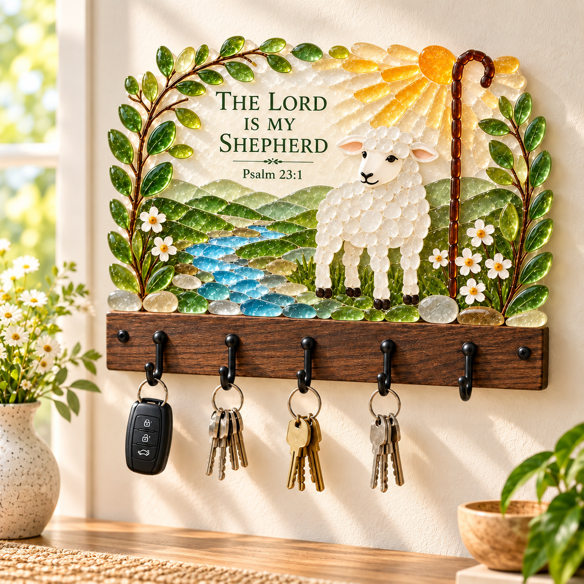 🌿 Faith-Inspired Sea Glass Wall Key Holder – Scripture Art with 5 Hooks 🔑
