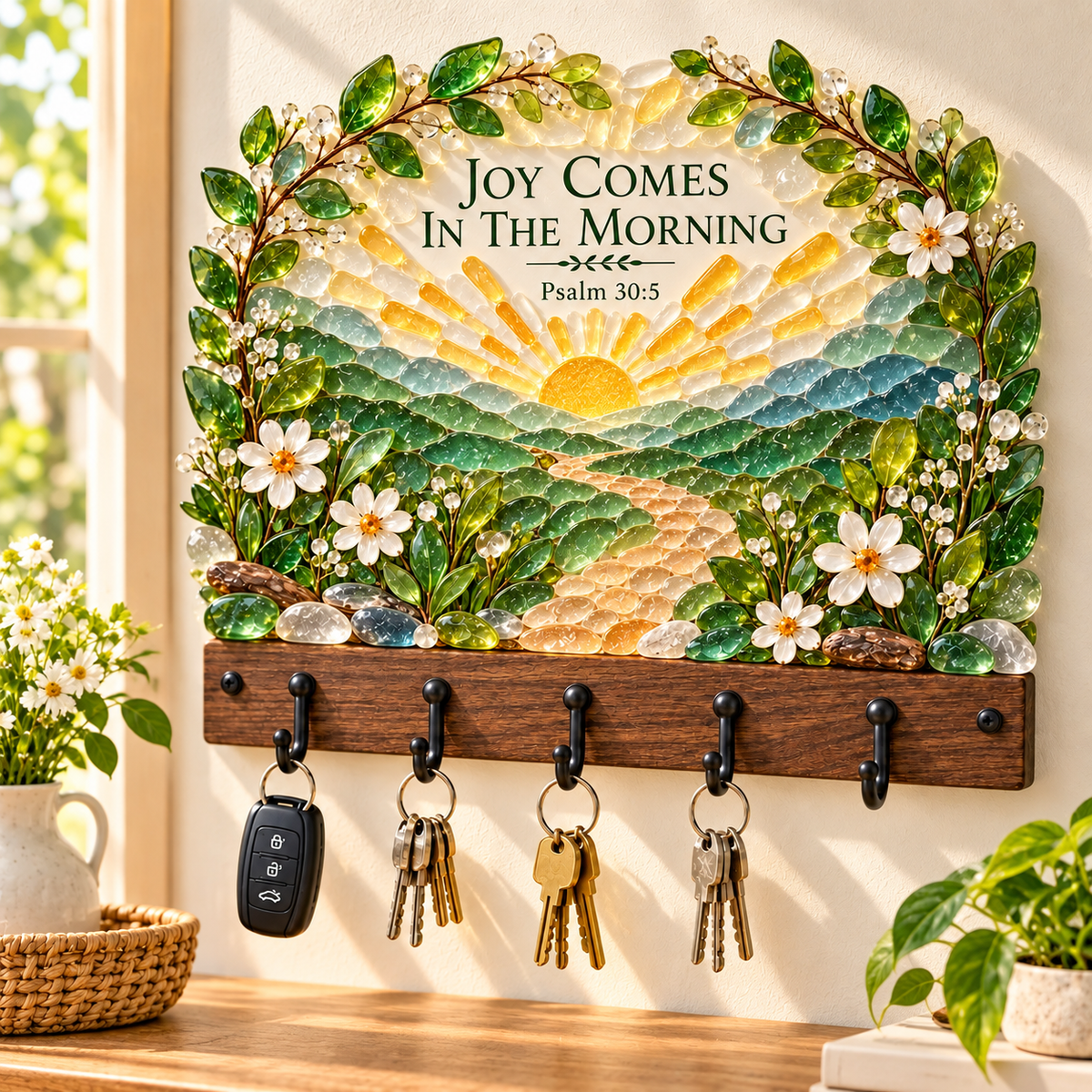 🌿 Faith-Inspired Sea Glass Wall Key Holder – Scripture Art with 5 Hooks 🔑