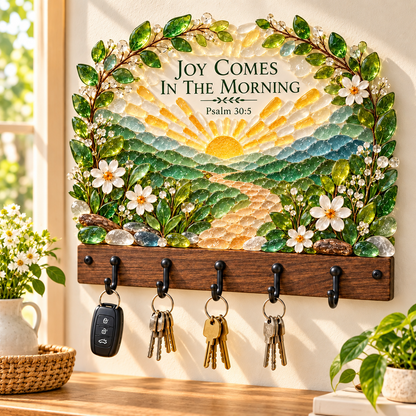 🌿 Faith-Inspired Sea Glass Wall Key Holder – Scripture Art with 5 Hooks 🔑