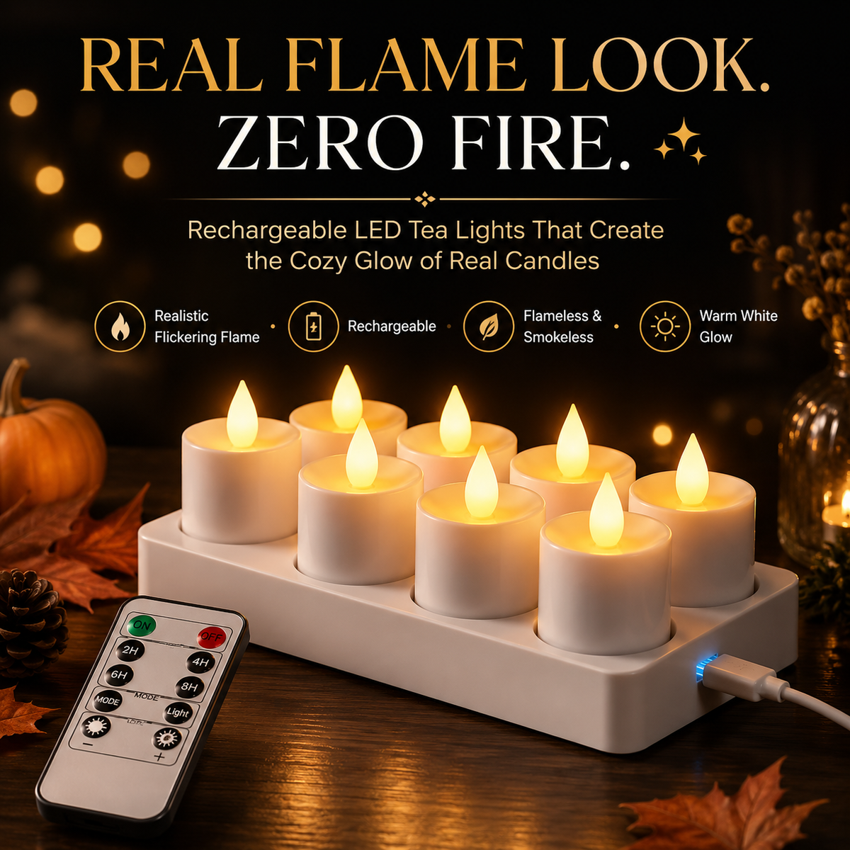 🔥 Limited Time 49% OFF - ✨ Rechargeable LED Tea Lights – Real Flame Glow Without Fire, Smoke & Mess