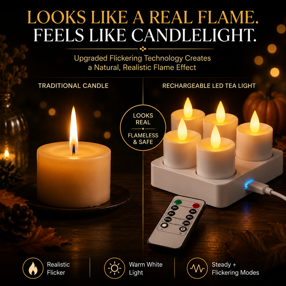 🔥 Limited Time 49% OFF - ✨ Rechargeable LED Tea Lights – Real Flame Glow Without Fire, Smoke & Mess