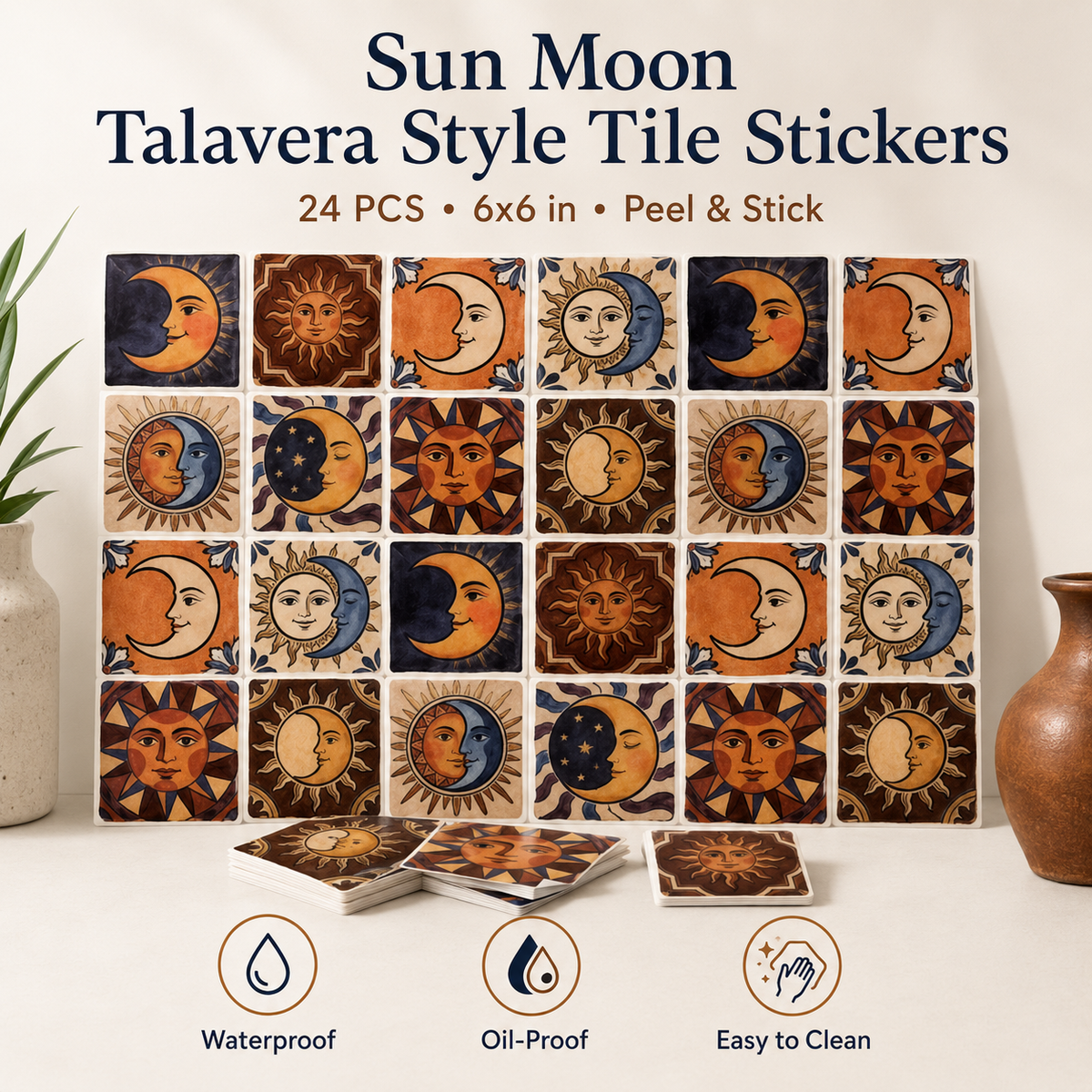 🔥 Limited Time 49% OFF - ✨ Sun Moon Talavera Tile Stickers – Transform Your Space Into A Boho Dream In Minutes