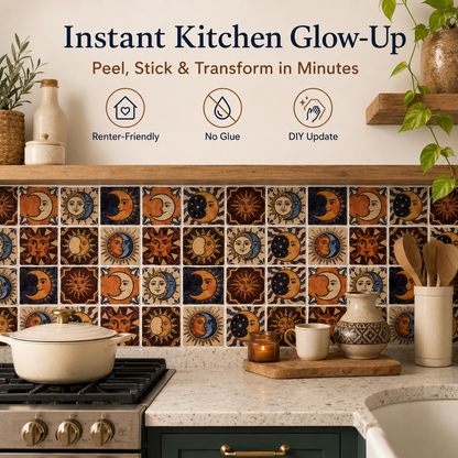 🔥 Limited Time 49% OFF - ✨ Sun Moon Talavera Tile Stickers – Transform Your Space Into A Boho Dream In Minutes