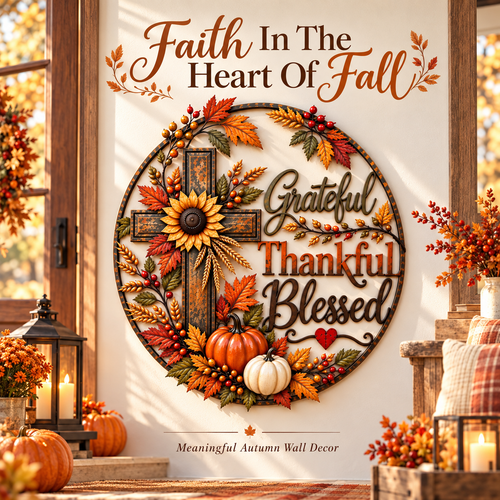 🍂 Grateful, Thankful & Blessed Autumn Cross Metal Wall Decor