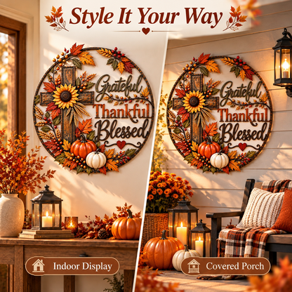 🍂 Grateful, Thankful & Blessed Autumn Cross Metal Wall Decor