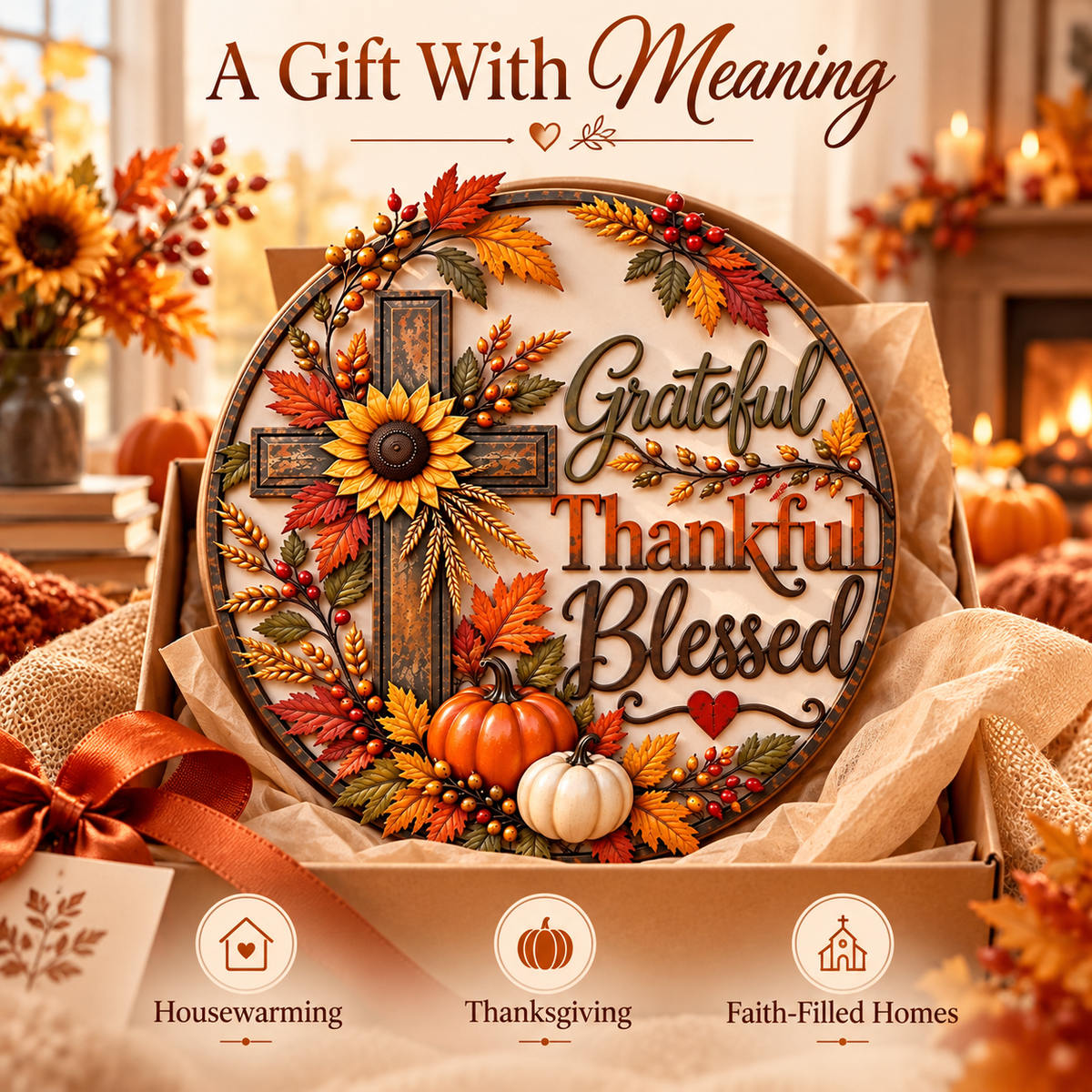 🍂 Grateful, Thankful & Blessed Autumn Cross Metal Wall Decor