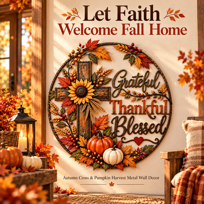 🍂 Grateful, Thankful & Blessed Autumn Cross Metal Wall Decor