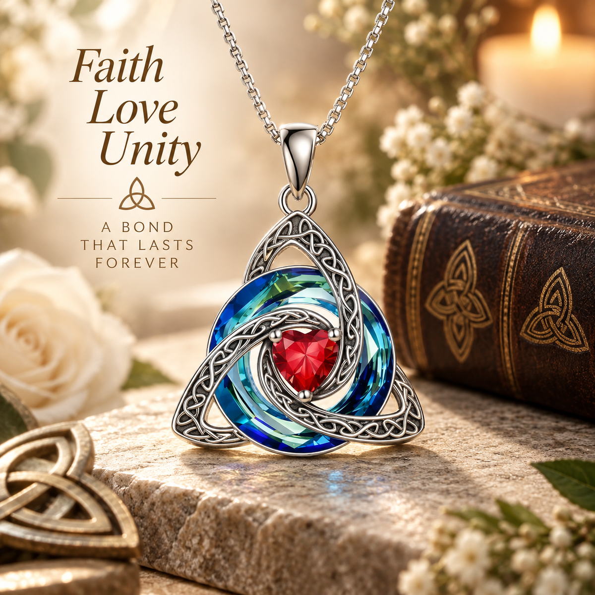 💎❤️Celtic Trinity Knot Necklace - Meaningful Faith Love Unity Pendant Gift with Crystal Heart & Adjustable Chain