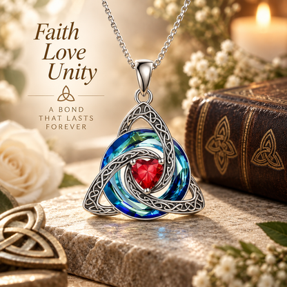 💎❤️Celtic Trinity Knot Necklace - Meaningful Faith Love Unity Pendant Gift with Crystal Heart & Adjustable Chain