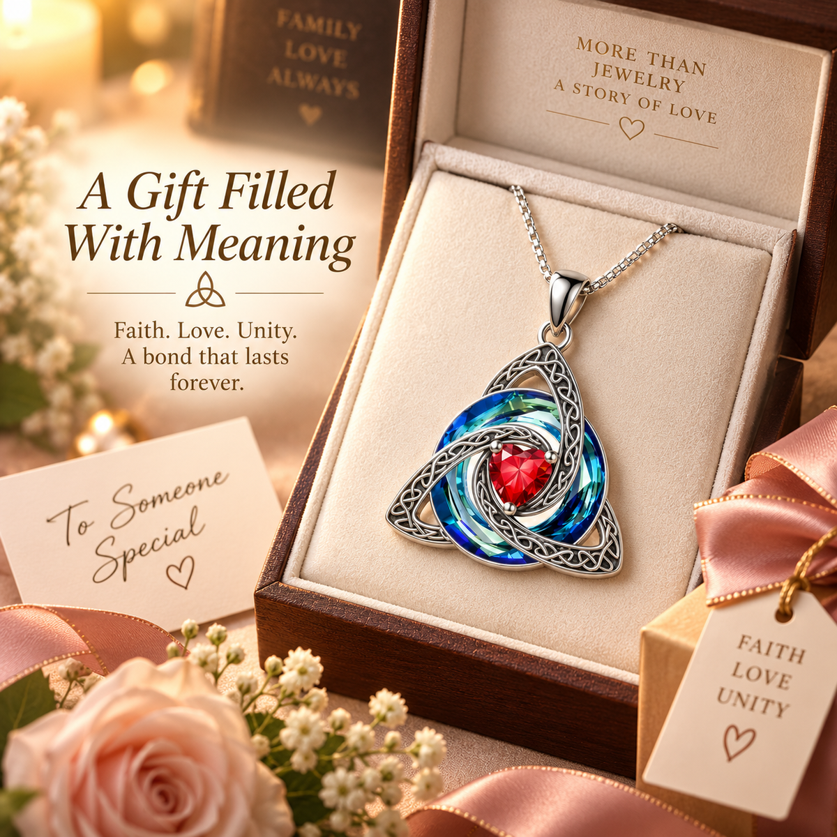 💎❤️Celtic Trinity Knot Necklace - Meaningful Faith Love Unity Pendant Gift with Crystal Heart & Adjustable Chain