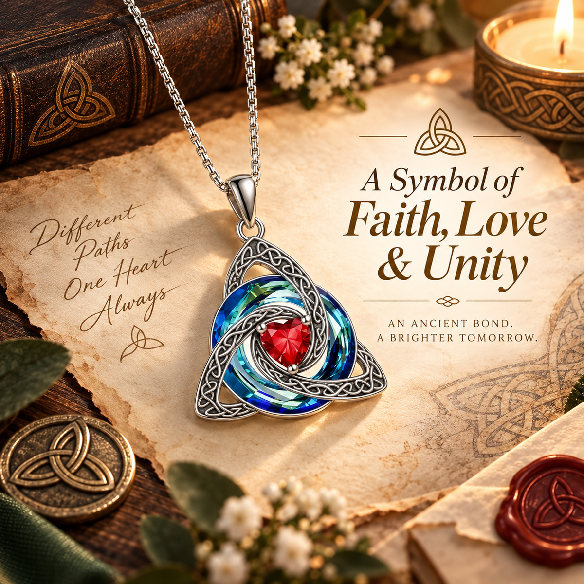 💎❤️Celtic Trinity Knot Necklace - Meaningful Faith Love Unity Pendant Gift with Crystal Heart & Adjustable Chain