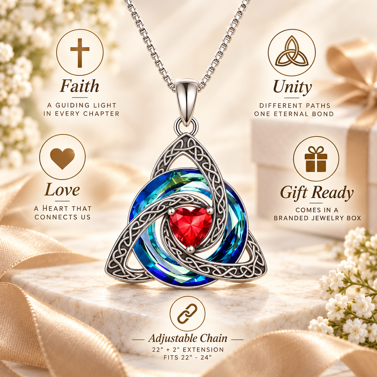 💎❤️Celtic Trinity Knot Necklace - Meaningful Faith Love Unity Pendant Gift with Crystal Heart & Adjustable Chain
