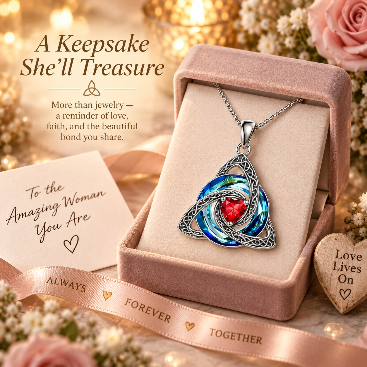 💎❤️Celtic Trinity Knot Necklace - Meaningful Faith Love Unity Pendant Gift with Crystal Heart & Adjustable Chain