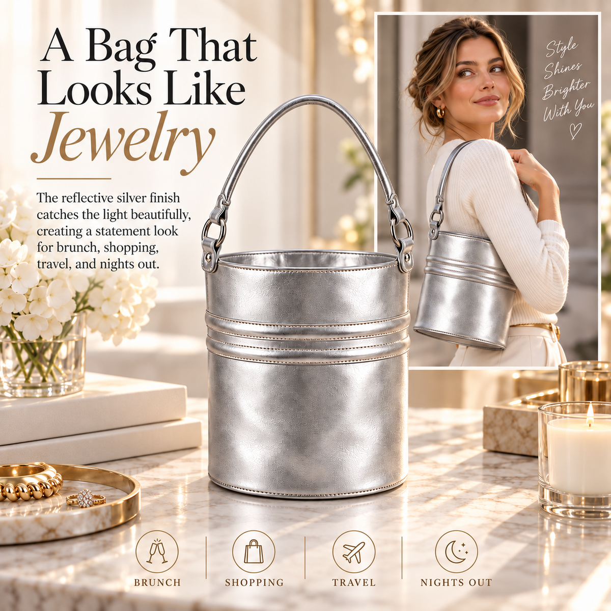 ✨ Silver Bucket Bag – Chic Slouchy Shoulder Bag for Everyday Style