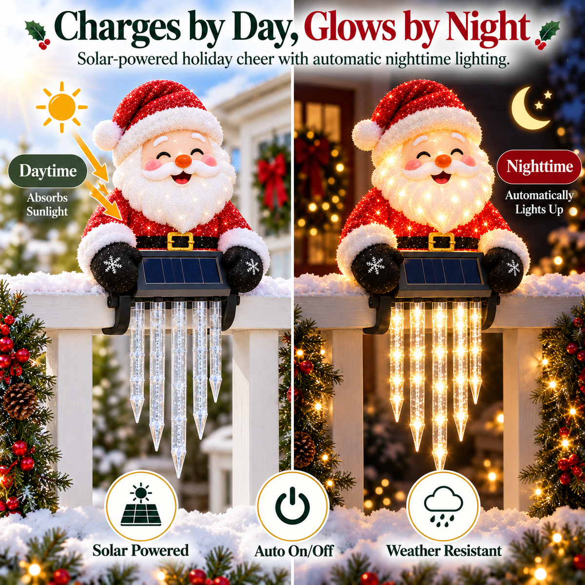 🎄49% OFF🎄 Santa Magic Glow™ - Solar Santa Icicle Fence Light ✨ Christmas Porch Decoration