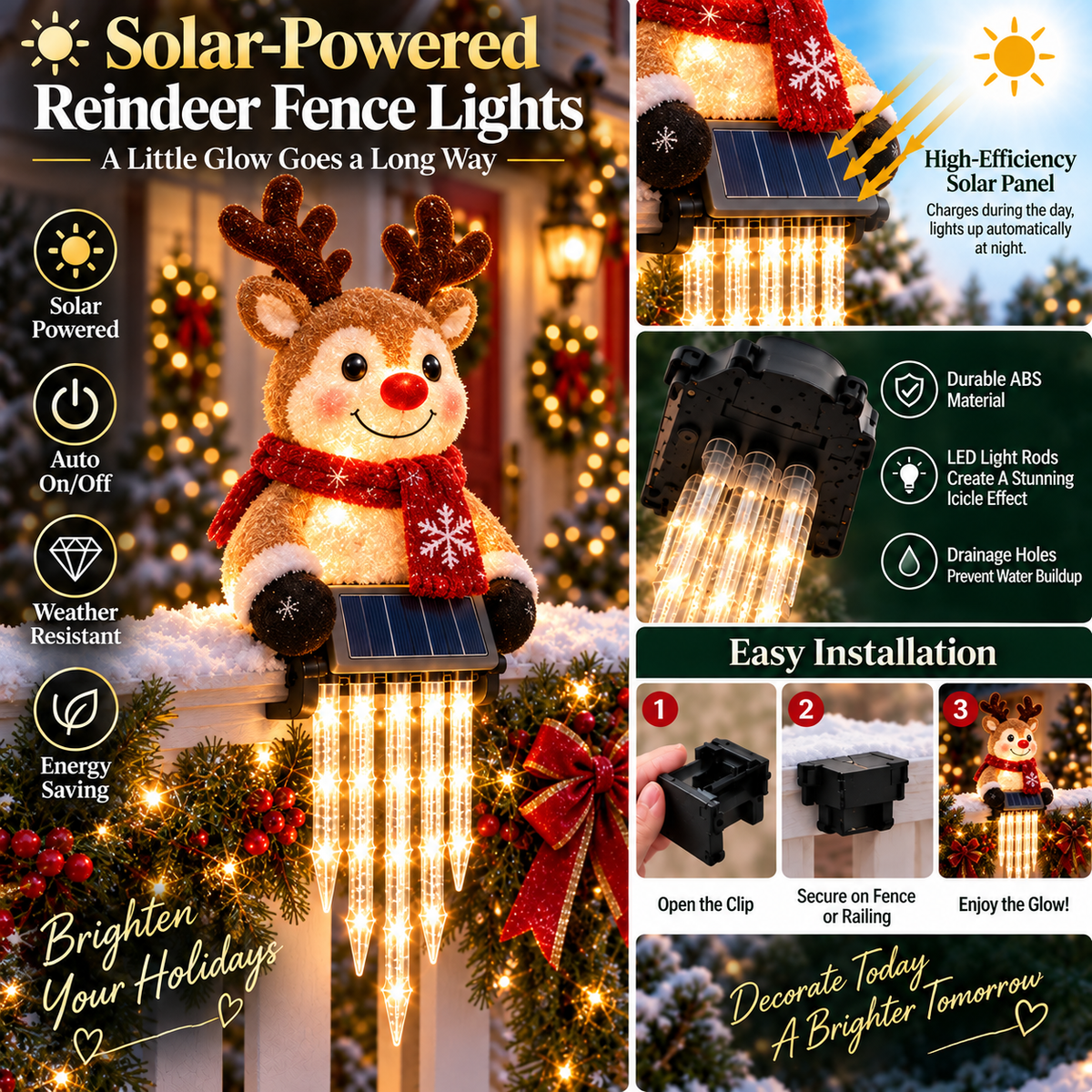 🎄49% OFF🎄 Reindeer Magic Glow™ - Sparkling Icicle LED Solar Christmas Fence Light🦌✨