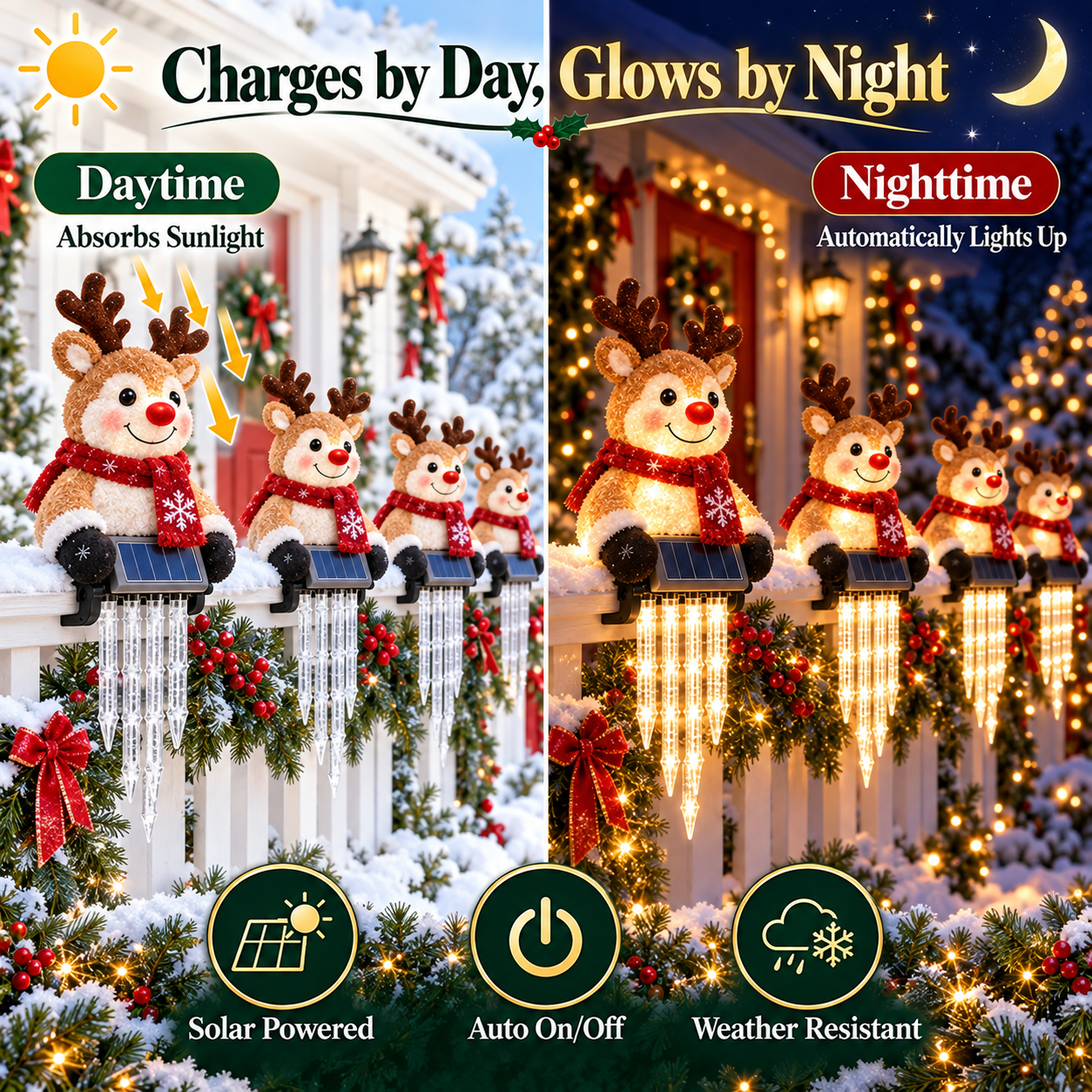 🎄49% OFF🎄 Reindeer Magic Glow™ - Sparkling Icicle LED Solar Christmas Fence Light🦌✨