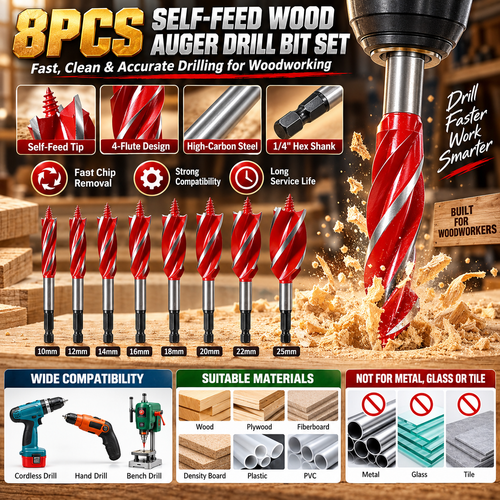 🔥 8PCS Self-Feed Wood Auger Drill Bit Set – Fast, Clean & Effortless Drilling For Every Woodworking Project
