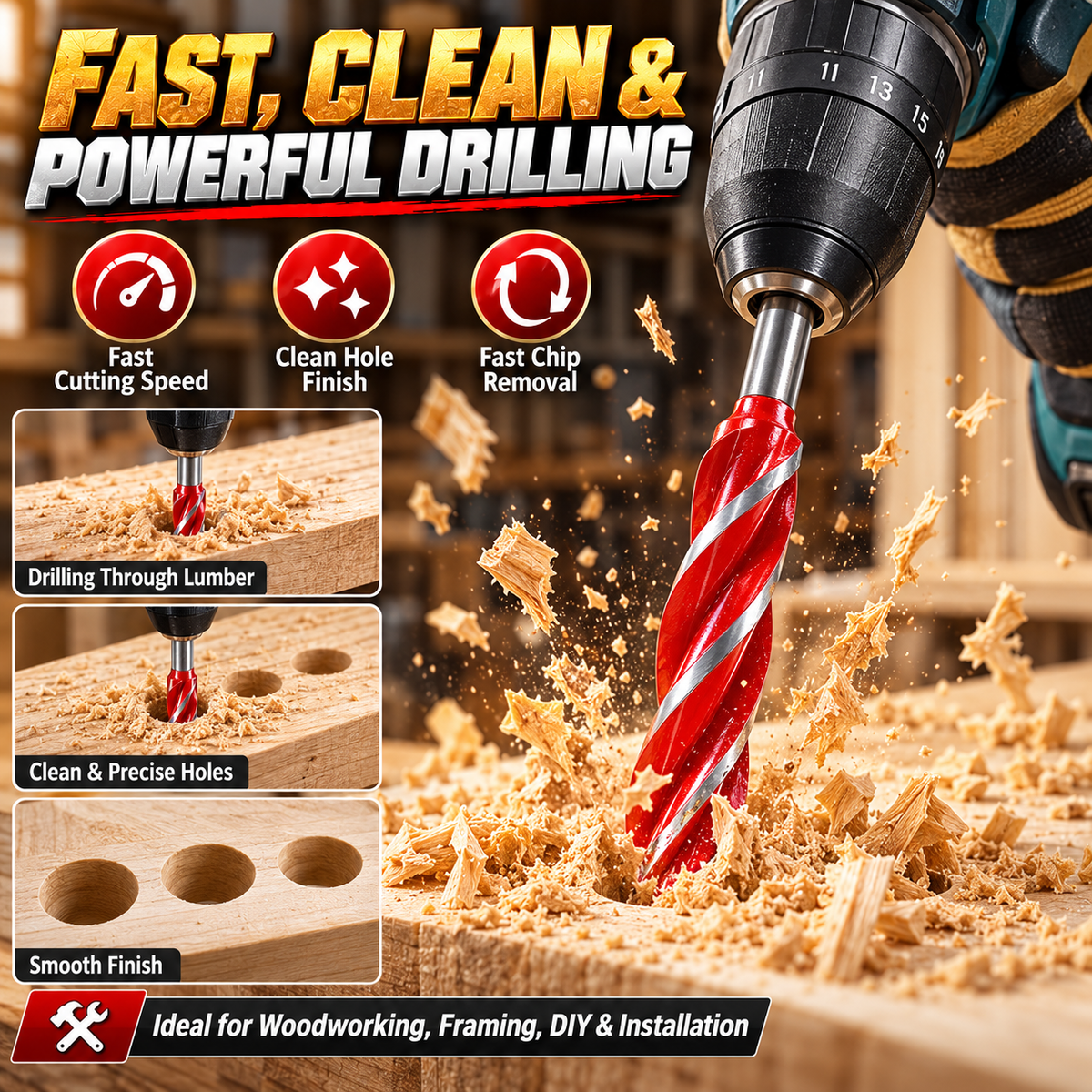 🔥 8PCS Self-Feed Wood Auger Drill Bit Set – Fast, Clean & Effortless Drilling For Every Woodworking Project