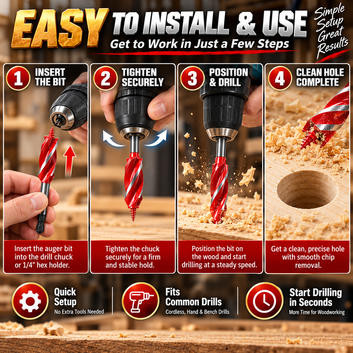 🔥 8PCS Self-Feed Wood Auger Drill Bit Set – Fast, Clean & Effortless Drilling For Every Woodworking Project