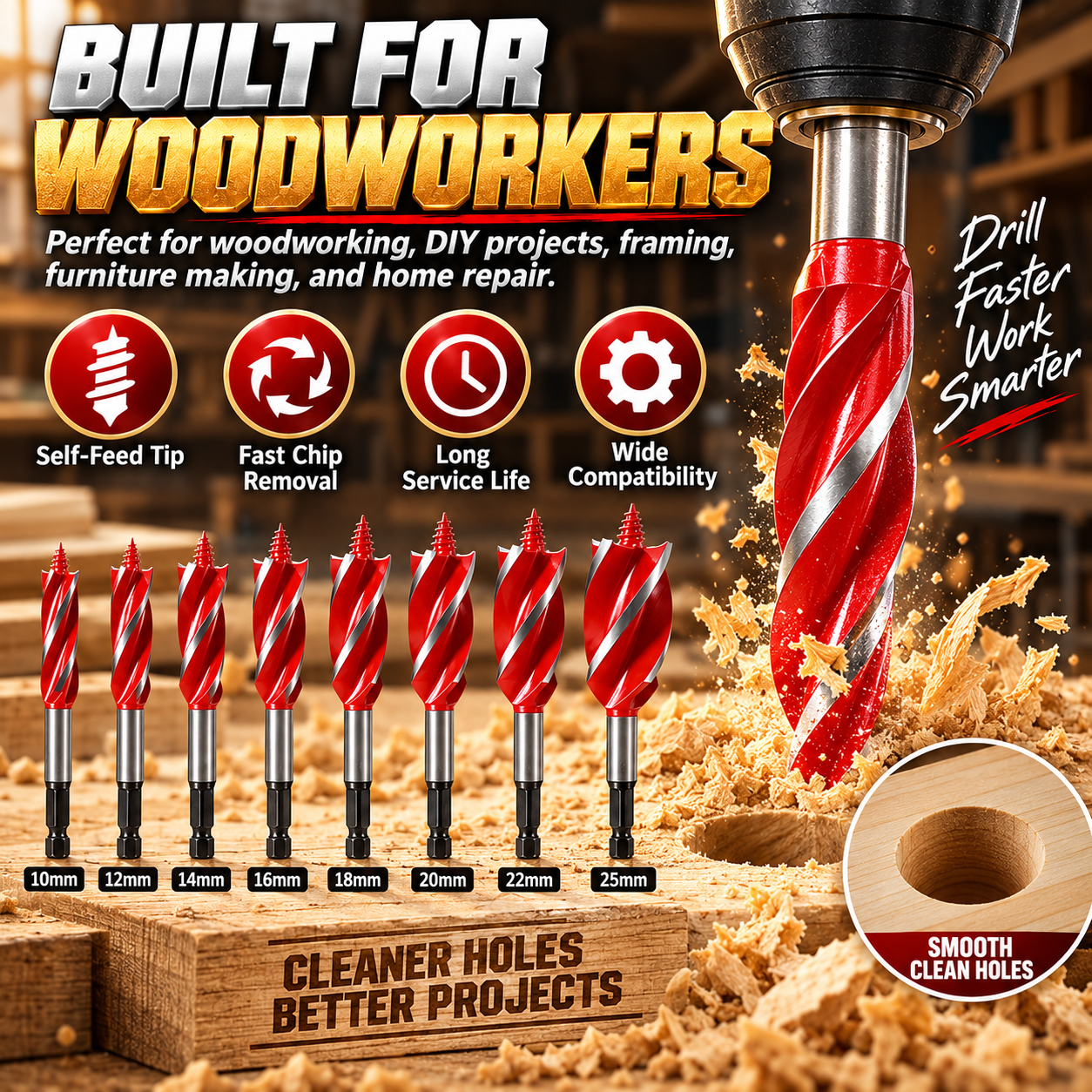 🔥 8PCS Self-Feed Wood Auger Drill Bit Set – Fast, Clean & Effortless Drilling For Every Woodworking Project