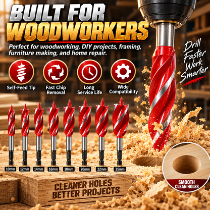 🔥 8PCS Self-Feed Wood Auger Drill Bit Set – Fast, Clean & Effortless Drilling For Every Woodworking Project