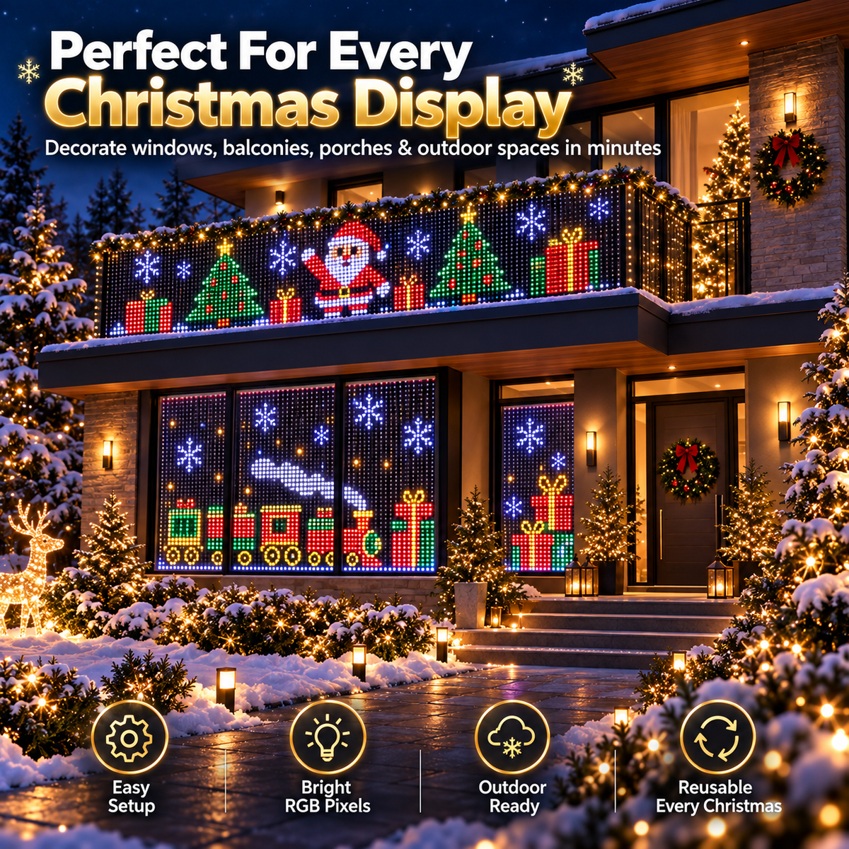 RGB Christmas curtain lights on windows and balcony