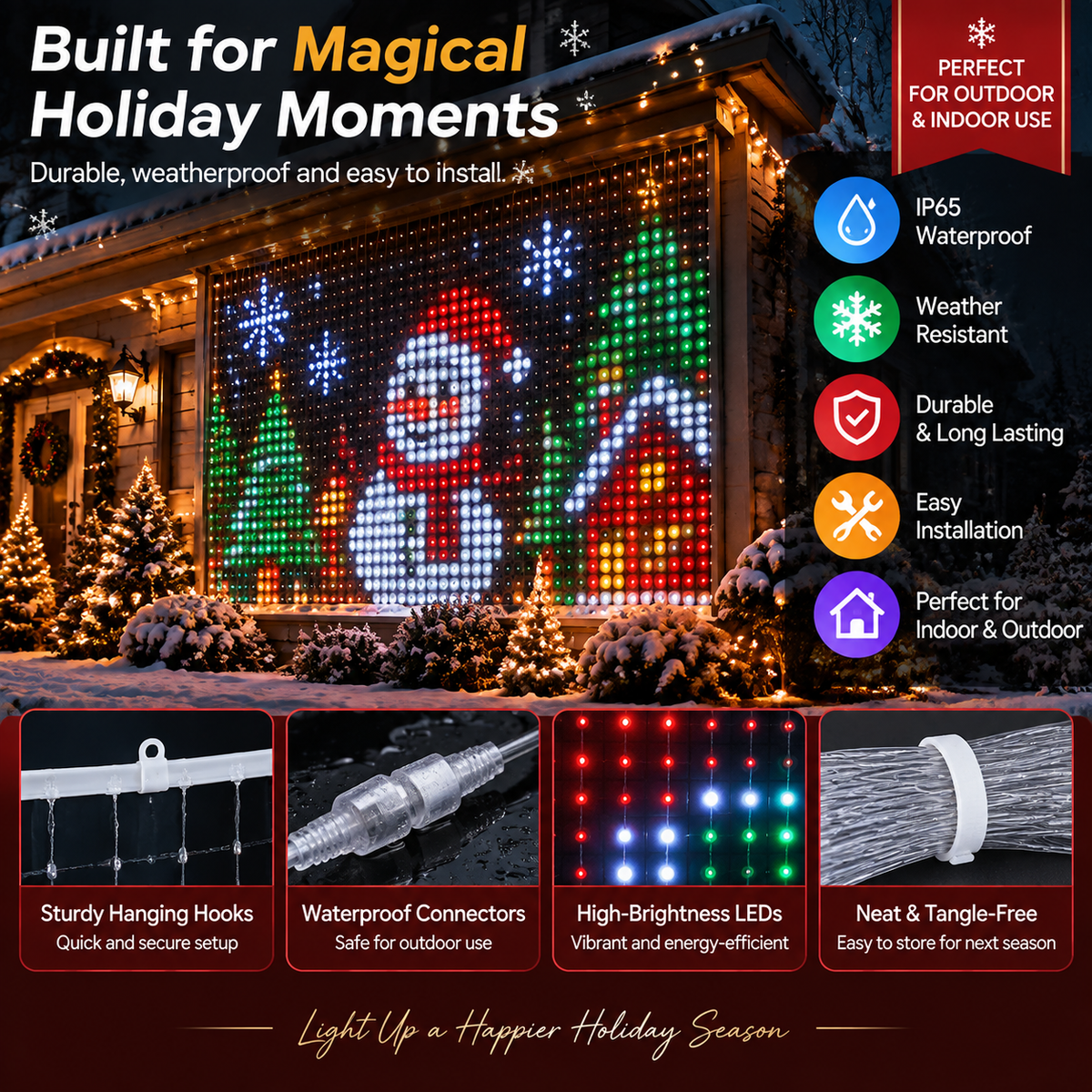 Outdoor ready RGB pixel LED Christmas curtain