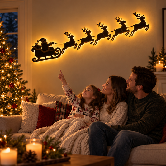 🦌 Santa Sleigh & 6 Reindeer LED Wall Display – Warm Christmas Glow