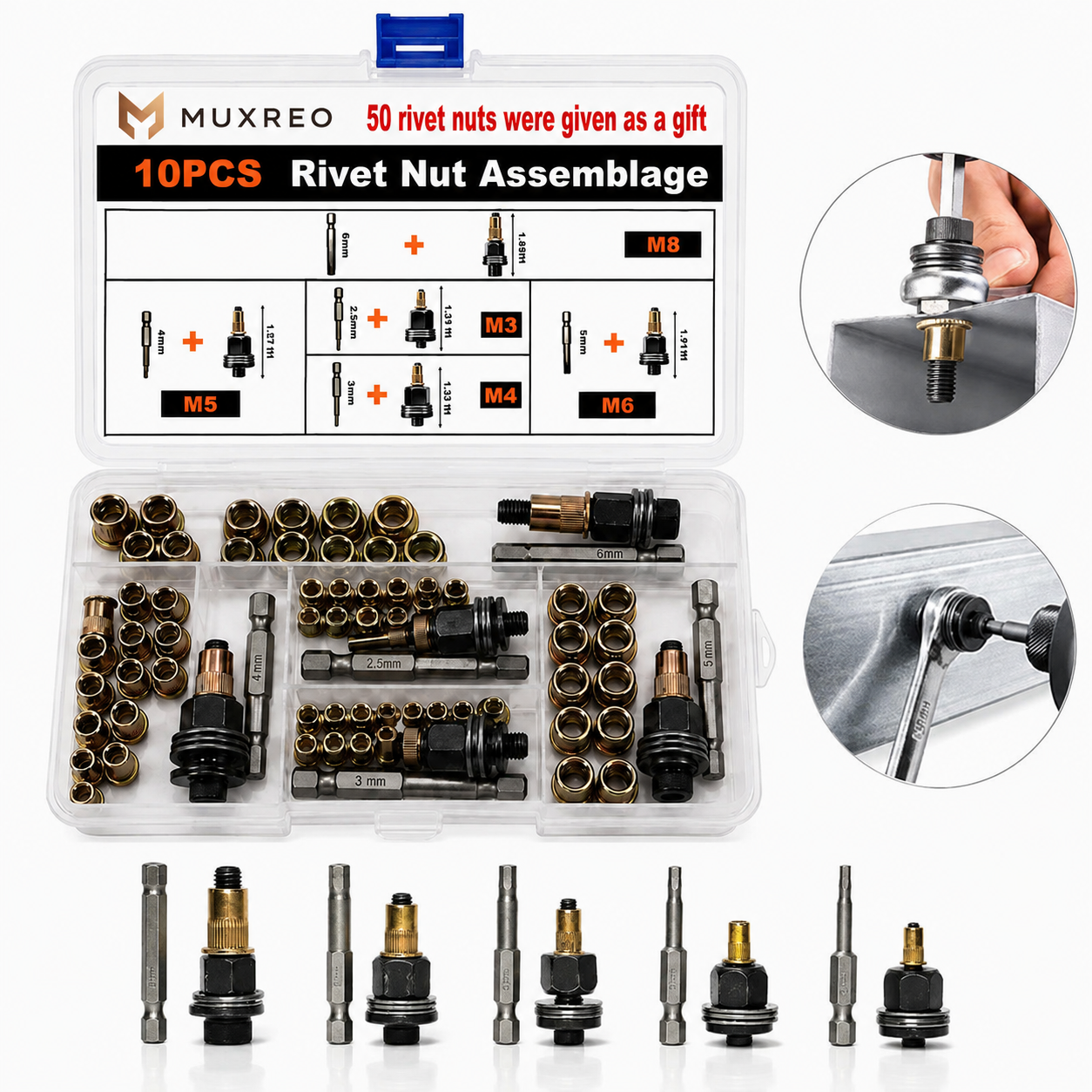🏆LAST DAY SALE 49% OFF🛠️Head Rivet Nut Tool, M3 M4 M5 M6 M8 Rivnut Kit,Carbon Steel Rivnut Set