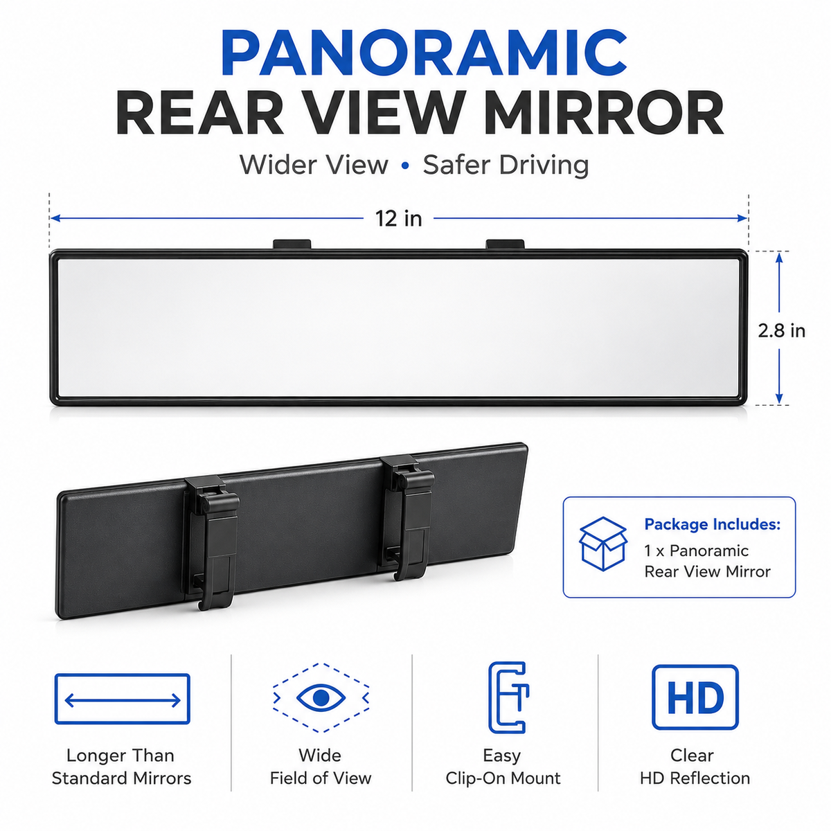 🔥Last Day 49% OFF - 🚗 Panoramic Rear View Mirror | Wider View, Safer Driving Clip-On Car Mirror