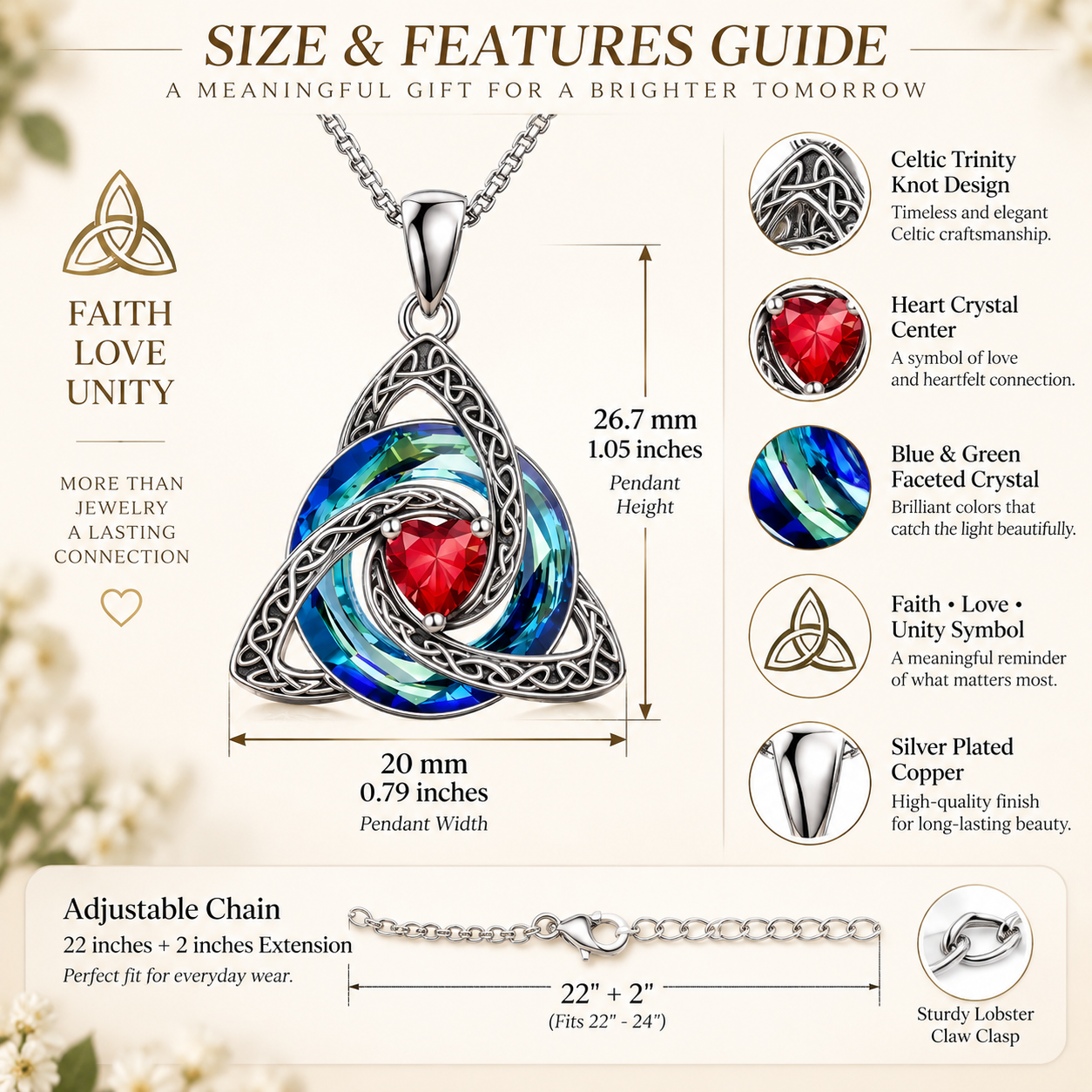 💎❤️Celtic Trinity Knot Necklace - Meaningful Faith Love Unity Pendant Gift with Crystal Heart & Adjustable Chain
