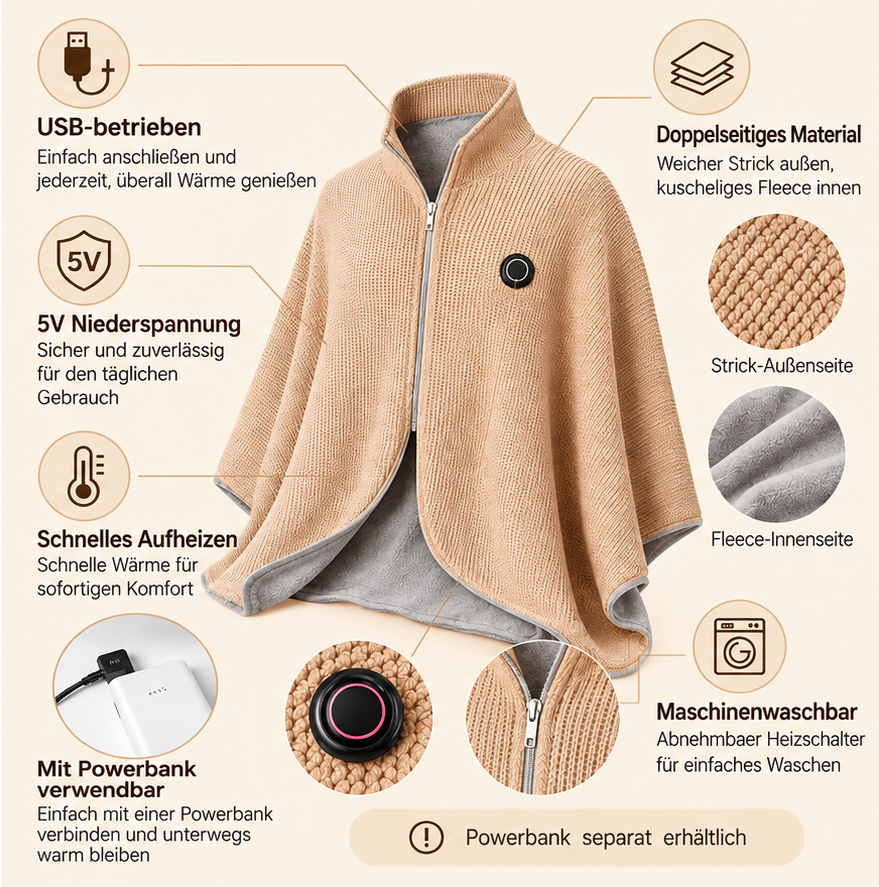 ✨ Nur heute: 50 % RABATT 🔥 Beheizbarer Decken-Poncho | Tragbare USB-Wärme für Zuhause, Büro & unterwegs