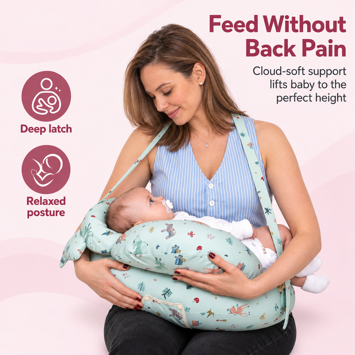 Mom using NuzzleNest nursing pillow while feeding baby