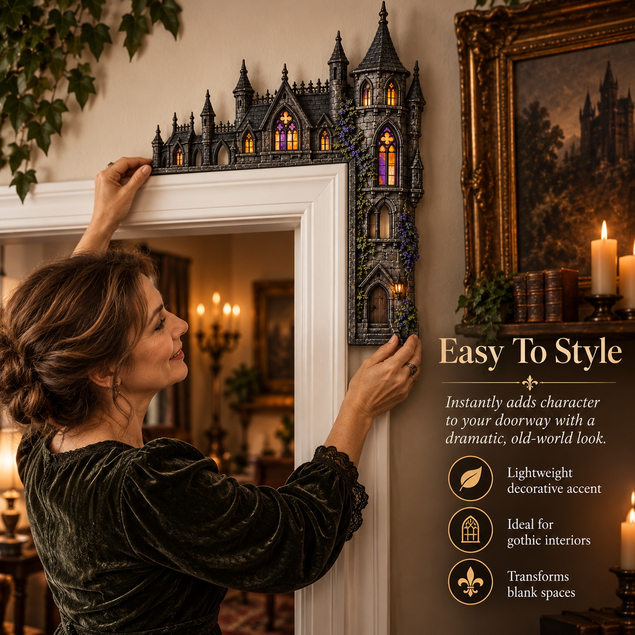 Woman styling Gothic Castle Door Topper on white doorway