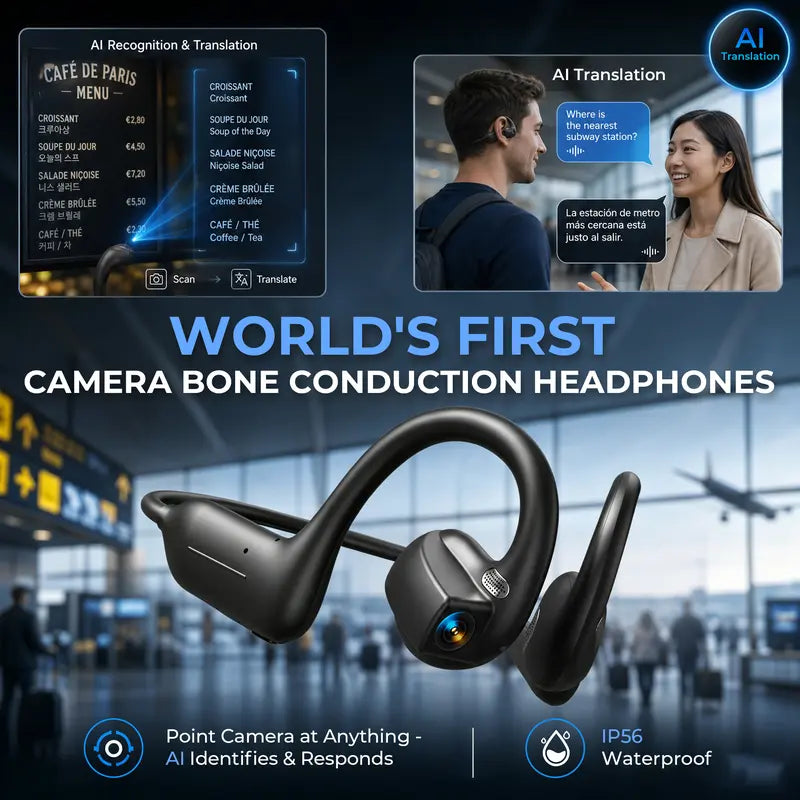 E12 Bone Conduction Bluetooth Headphones With 8MP EIS Stabilized Camera, 160+ Languages Instant Translation