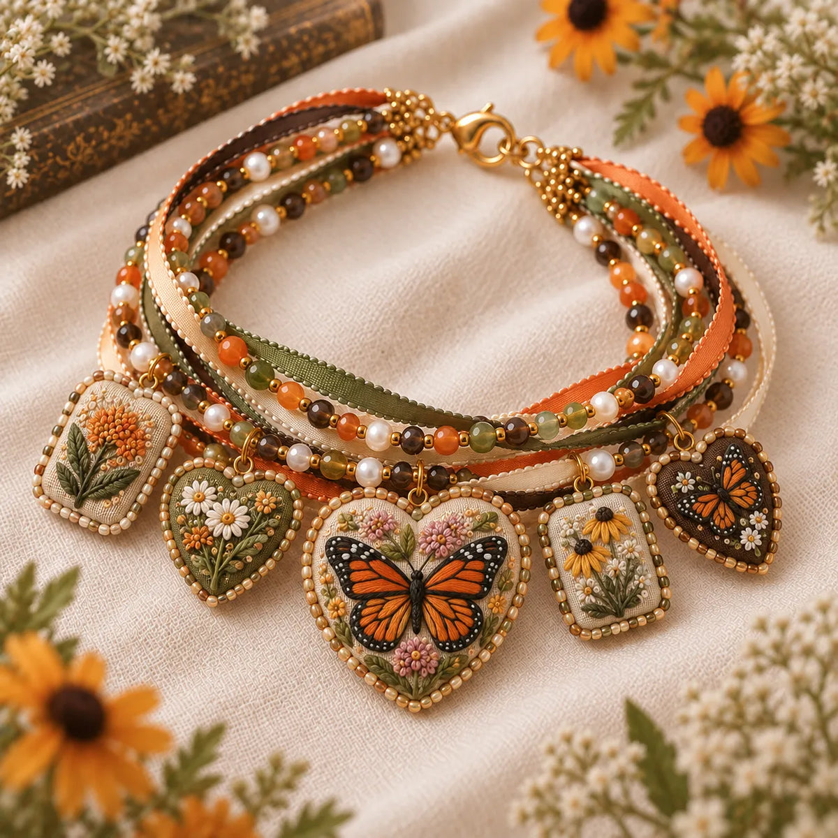 Monarch butterfly embroidered floral charm bracelet