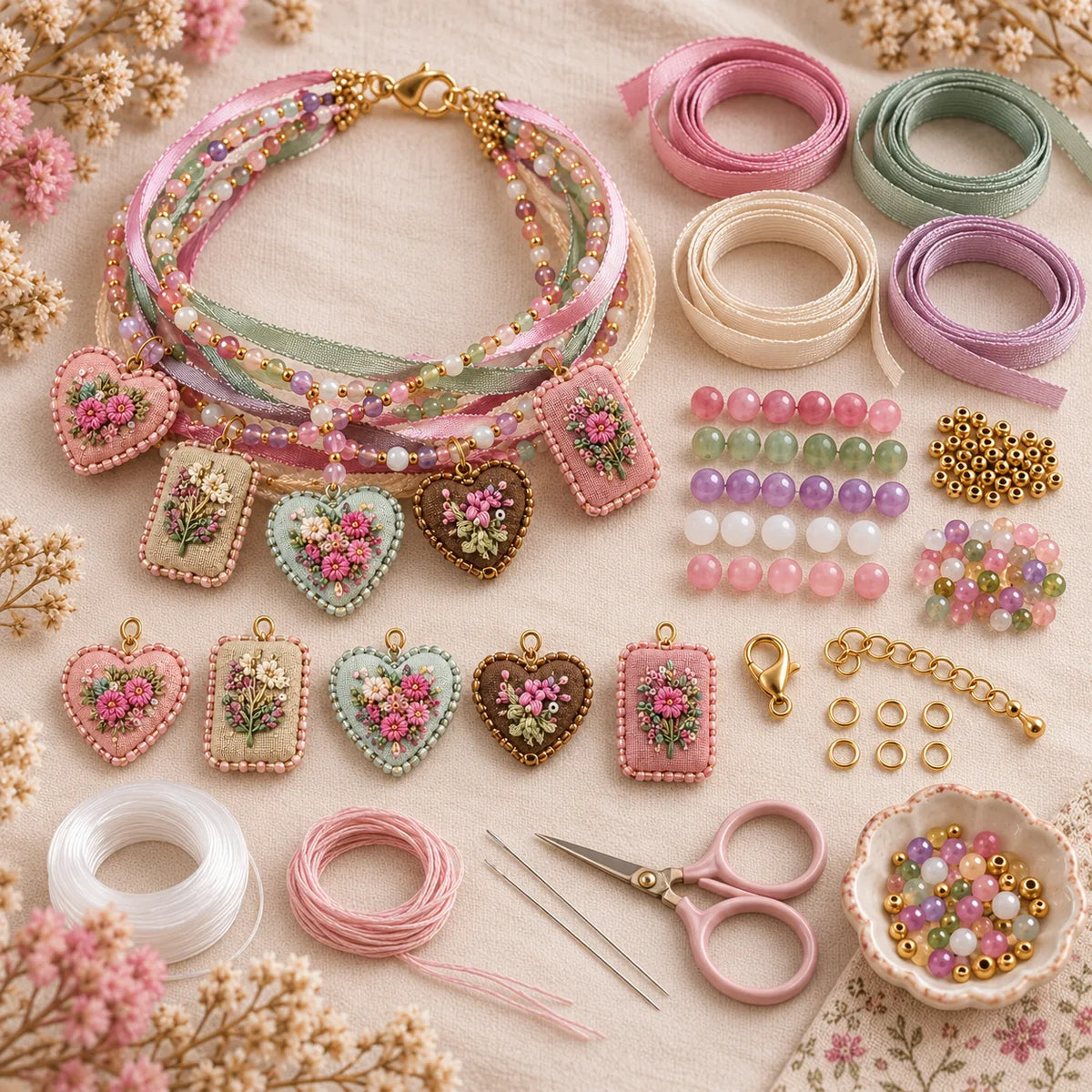 Bracelet making materials with embroidered floral charms beads and ribbons